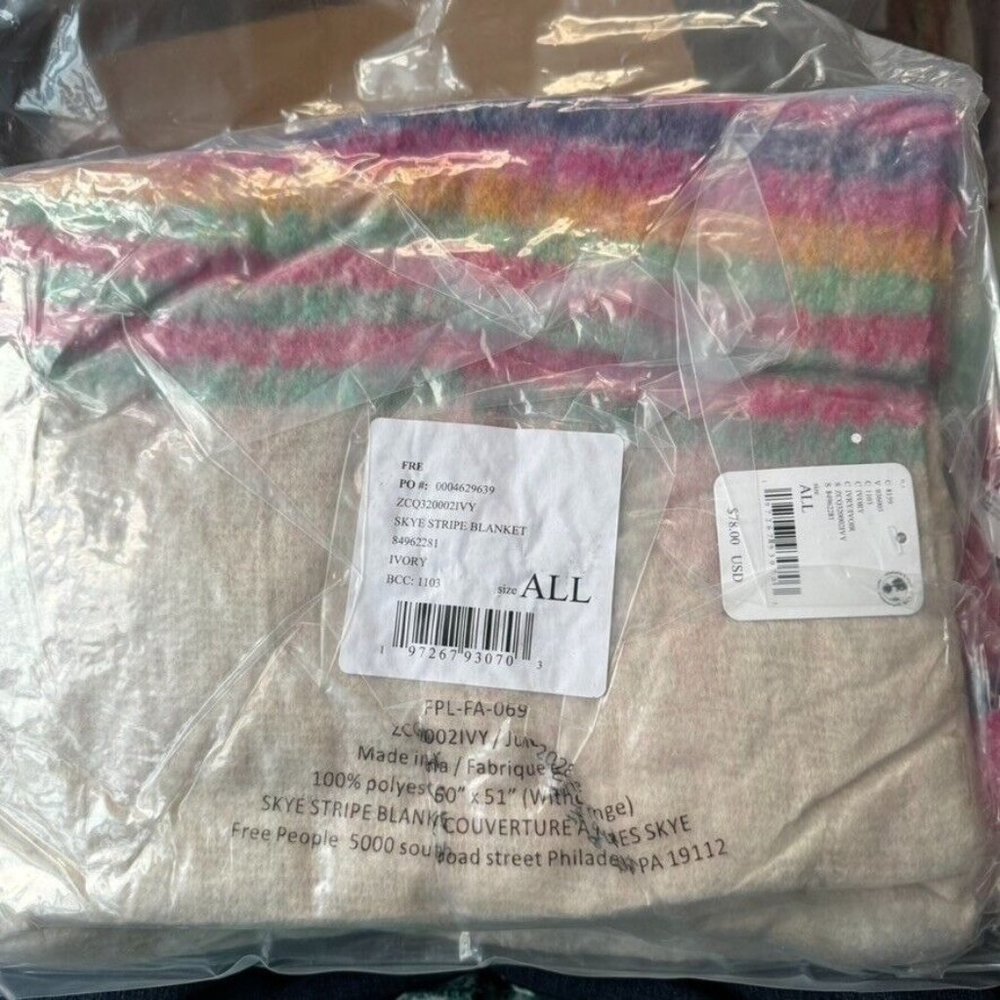 FREE PEOPLE Fringe Throw Blanket Skye Pink Blue White Stripes - Picture 4 of 8